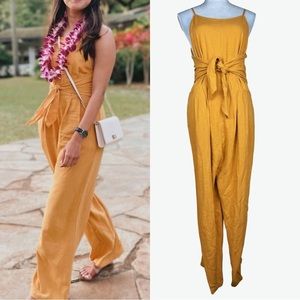 Paper Crane Yellow Linen Jumpsuit, Tie Front Jumper Size Large, Mustard Yellow